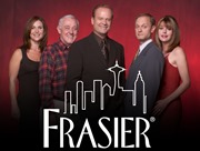 FRASIER -- NBC Series -- Pictured: (l-r) Peri Gilpin as Roz Doyle, John Mahoney as Martin Crane, Kelsey Grammer as Dr. Frasier Crane, Moose as Eddie, David Hyde Pierce as Dr. Niles Crane, Jane Leeves as Daphne Moon -- NBC Photo: Chris Haston